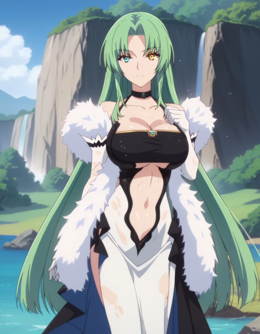 White long hair with aksesoris,bicolour red and purple eyes,big breast