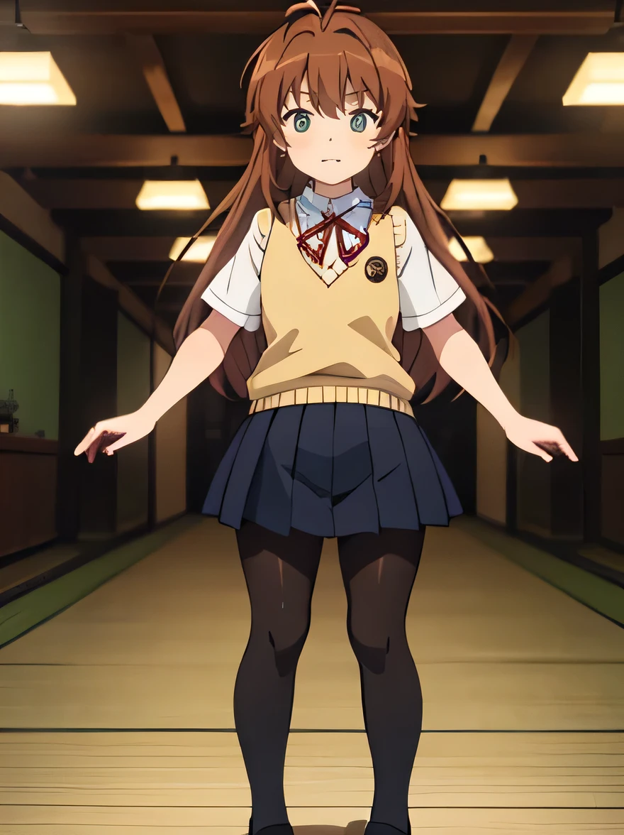 (masterpiece, top quality), EXTREMELY detailed CG Unity 8k wallpaper, high definition, bold composition, masterpiece, best quality, amazing quality, very aesthetic, high resolution, ultra-detailed, absurdres, newest, scenery, depth of field, lighting , artistic composition screencap, flat anime, 1 girl, Japan, embarrassing, blush,, come to stand at attention, view from front, nonkomari, dwarf, little_girl, , school_uniform, sweater vest, neck ribbon, brown_hair, long_hair, green_eyes, blush, antenna_hair, bangs, black pantyhose, full body, stocky legs