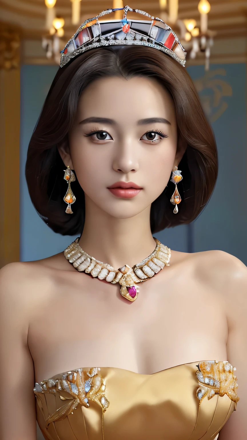 ( Upper Body Shots : 1.5), ( Royal Dress with jewels : 1.5), ( strapless dress : 1.4), ( tiara : 1.4), (royal luxury chandelier background : 1.4), very detailed, HD , Kodak Portrait 400, film grain , lens flare glow , top quality ,8k, smooth lighting in a tropical car as a portrait shot ,8k, viewer , (( masterpiece)), (( top quality )), ( very detailed), (( cute)), ((nsfw)), ( Various Service Features), ( beautiful), beautiful Japanese woman, (( 1 woman )), (おっぱいの谷間 : 1.3)