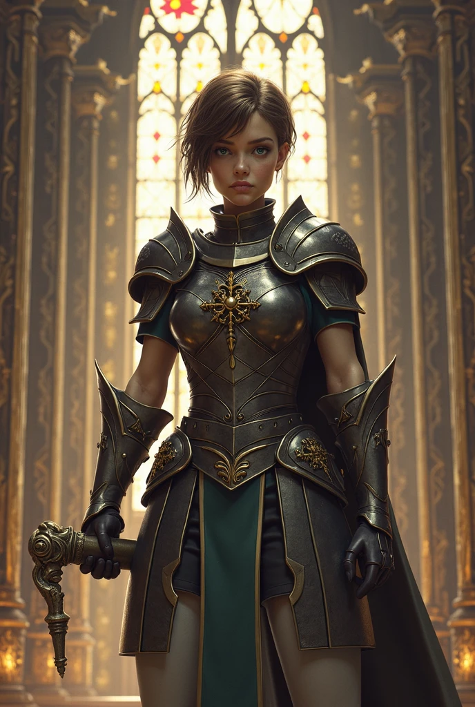 Woman fighting to exhaustion kneeling on battlefield full of ruins, in a room full of firelight, face full of unyielding expression, covered in blood, realistic fantasy rendering, ultra-realistic 8k octane photo, cool tone, realistic, full body photo