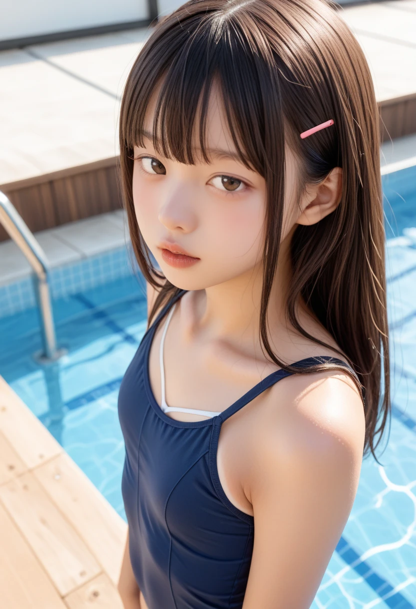 one girl, (a beauty girl, delicate girl:1.3), (12 years old:1.3),
break, (Navy blue school swimsuit:1.3),
break, Very detailedな明瞭さ, (Symmetrical eyes:1.3),
break, (School swimming pool, Outdoor:1.3), 
break, Small breasts、 Brown eyes, Parted bangs, Brown Hair,  girl,
break, (Eye and facial details:1.0),
break, (masterpiece, highest quality, Very detailed, Detailed face, 8k)