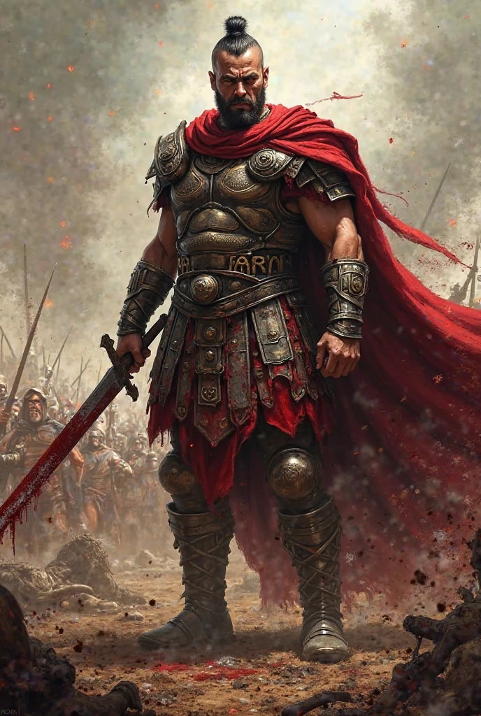 A warrior defeating many people and his sword is fully coverd with blood and he is wearing his red cape and his crown is placed on the ground