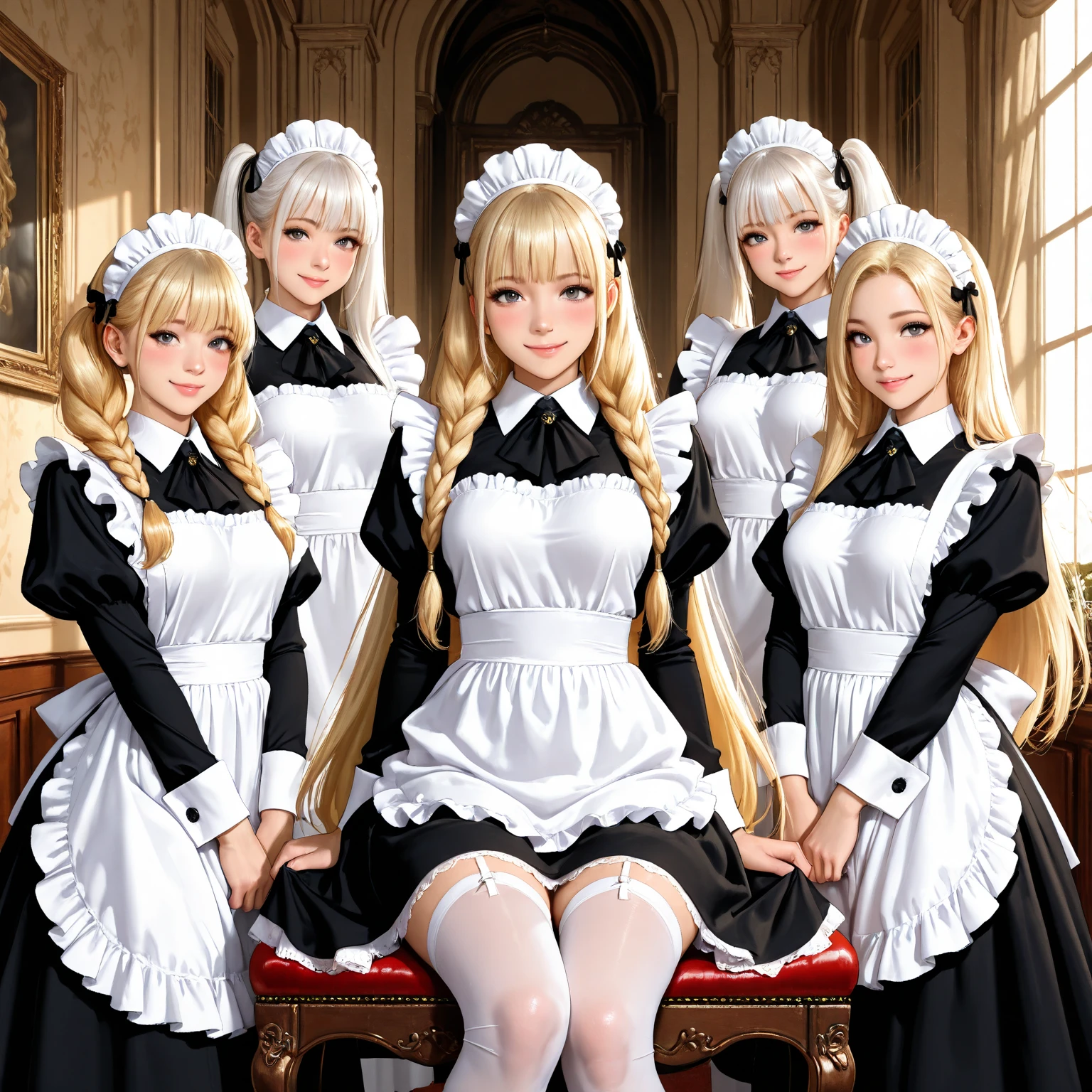 sexy maids girls kneeling in front of main character princess touching her dress while wearing maid dresses and stockings in the background, main character is noble young princess in bride wedding lace dress and stockings sitting on throne, full body shot, show full body from head to toes, only females on the picture, inside palace background, white and even teeth, makeup, lipstick, slim body