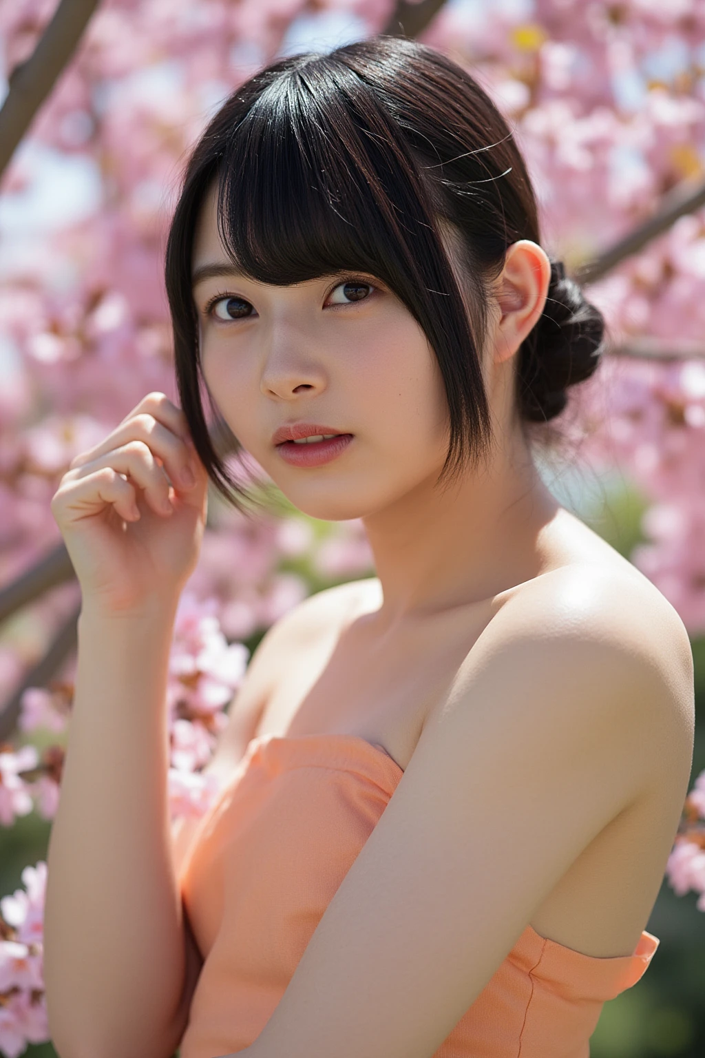 (Photorealistic:1.1)、42-year-old woman、(Full nudity:1)、Lens flare、Natural soft light、Backlight、Black-haired、Buried in blooming flowers
