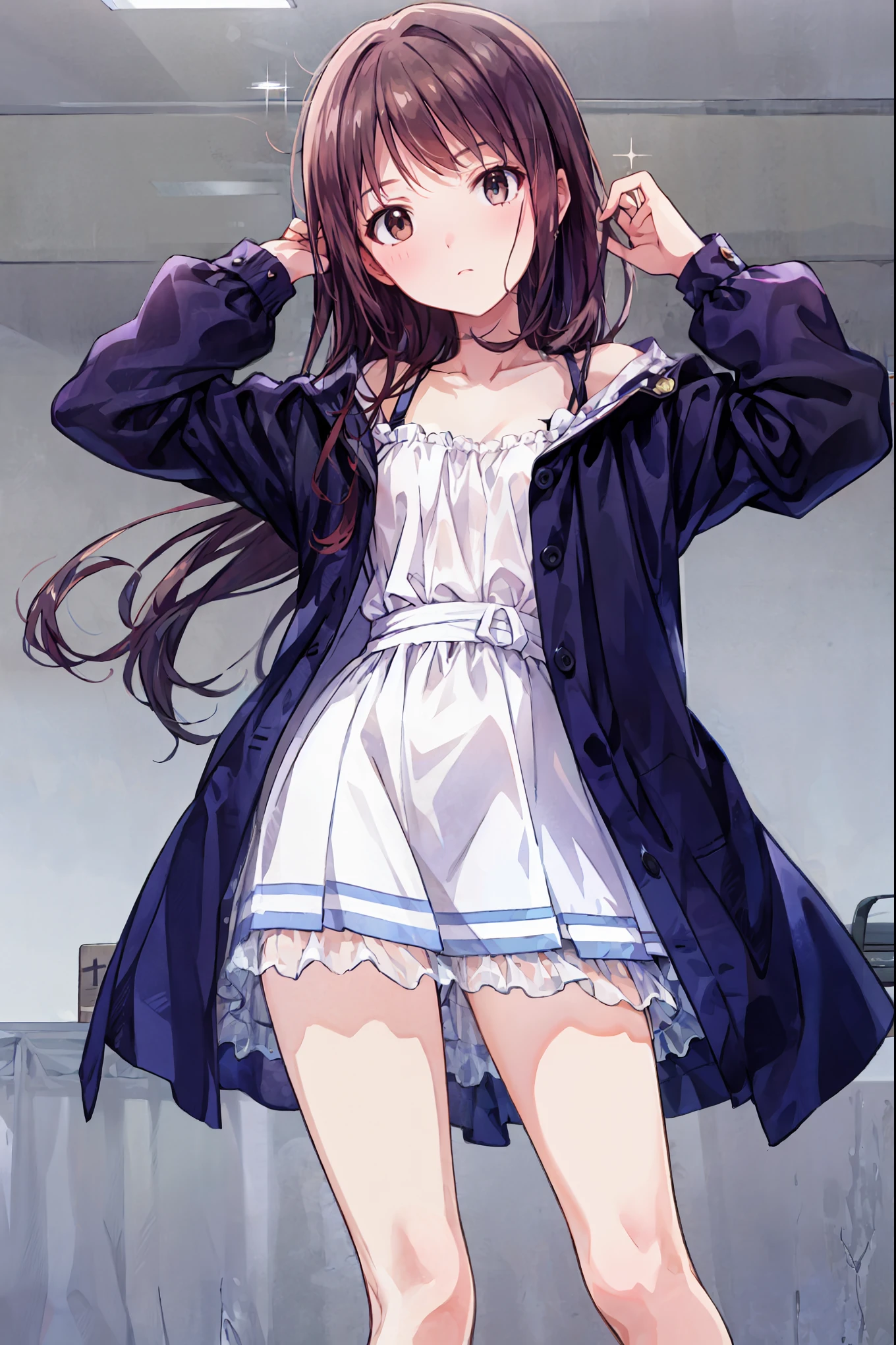 dull bangs, princess cut,  quick bang,  NFSDW , retina,  masterpiece,  accurate,  textured skin,  very detailed, 解剖学的に accurate,  More Information ,  High Quality,  nothing, 最 High Quality ,  cute,  A girl of a beautiful age , dull bangs,  curly hair,  turn your arms around your back , clavicle,  thigh , uniform, ,  small , amazing、 Hair，Shortcut，unkempt hair，Short braided hair，Neat， slender beautiful woman， correct posture，Small chest，beautiful legs，enchanting gray-blue eyes shine like stars along with the background，droopy eyes，bright colors,Beautiful Eyes,A delicate smile,Textured Skin,best quality, gentle and beautiful woman ,anime-style､