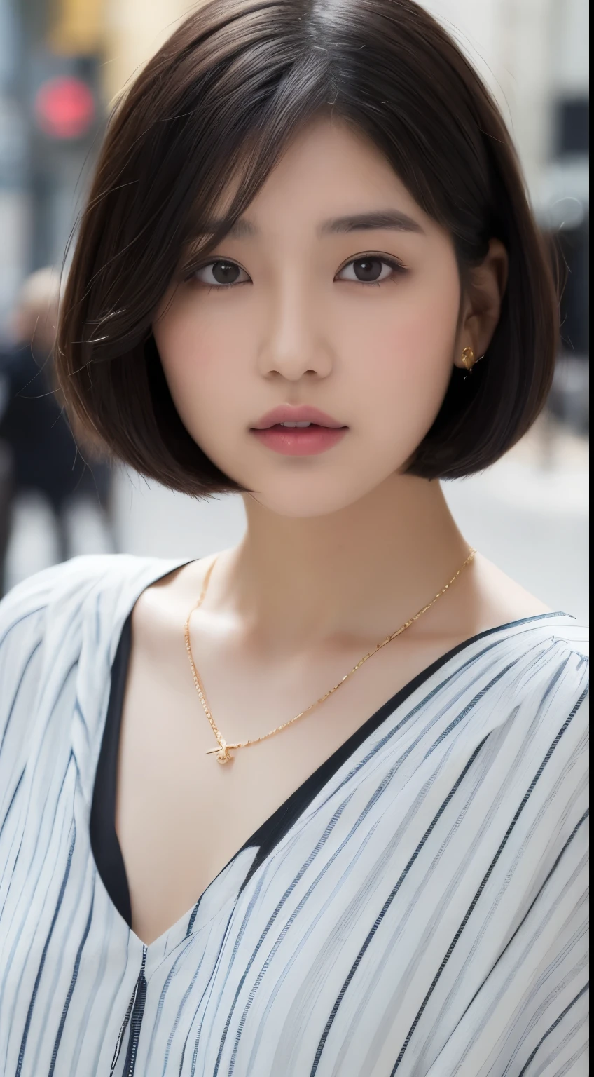 ((top-quality、8K、masterpiece: 1.erfect Body Beauty: 1.4、Slender Abs: 1.2、Beautiful woman with slender abs:1.3、(Highlight Haircutreast B Cup:1.2), medium breast, round shape breast, perfect shape breast, (( sexy , ((white shirt open)), black bra )), necklace, hyperdetailed face、18year old、 Pretty women、(Dark brown short-cut hair), Slim Face、Highly detailed facial and skin texture、very detailed lips、opens legs、top-quality、masterpiece、超A high resolution、(Photorealsitic:1.4), walked forward confidently, long shot , studio setup, photography steup, light from both side, background,