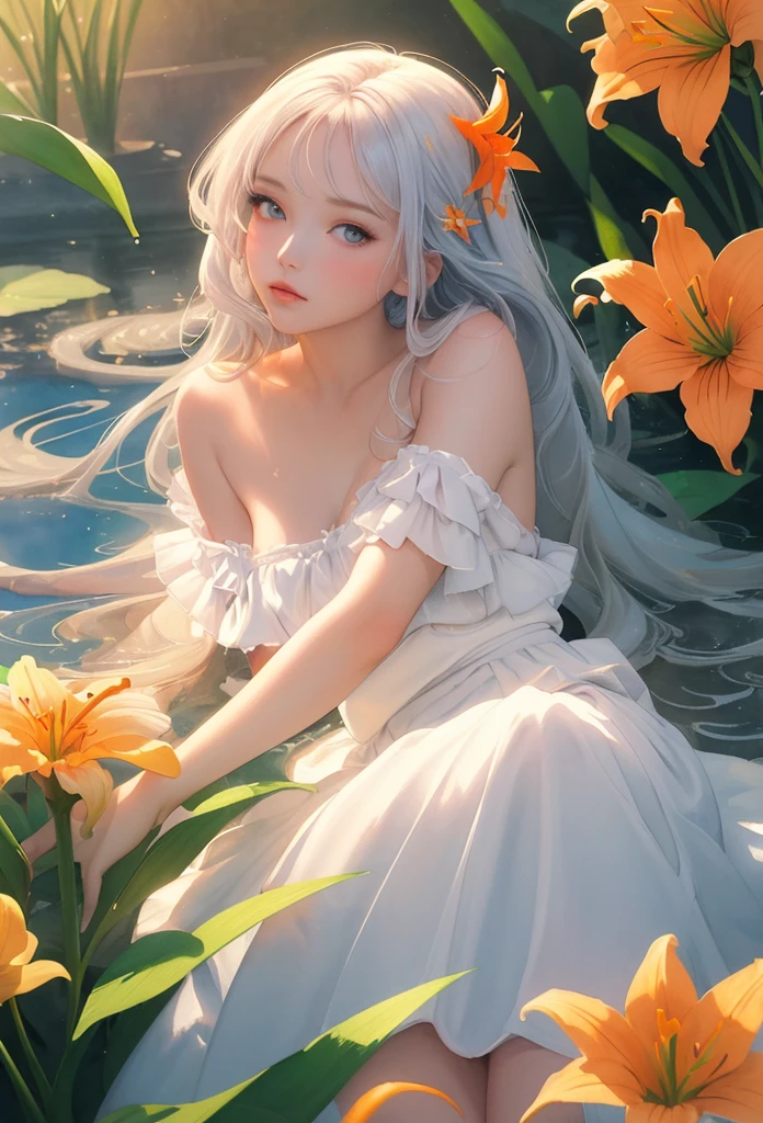 Little girl standing in a deep crack with knees in Monet's pond、Translucent white clothes、1girl in, striated hair, Blonde hair, Purple hair, One side up, Shiny hair, Wet hair, Long hair, Monet, depth of fields, spark of light, letterbox, nffsw, retinas, masutepiece, Anatomically correct, Textured skin, Super Detail, high details, High quality, Best Quality, hight resolution, 1080p, hard disk, 4K, 8K、(open one's legs)(shapely breasts,)、(camel's toe), tongue、Vaginal orchids、Runny Vaginal Discharge、Blowing tide、Very beautiful breasts、Grasp your breasts with both hands、 Spread your legs、sexual excitement、Sex Expressions、shinny skin。Photorealsitic:1.37)、Medium Hair、(Pink blush)、(独奏)、((erectile nipple))、(Puffy eyes:1.2)、 (Slim legs)、erotick、nffsw, , ((she is soaking wet)).((No underwear))