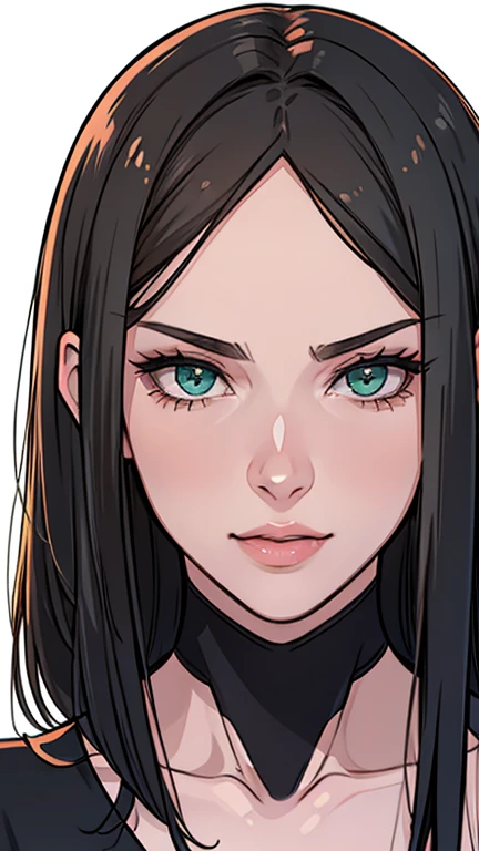 {8k image}, 1beautiful mature woman, 35 year old, pointy nose, fleshy lips, perfect triangular face, big hair with brown bangs, greeneyes, penetrating and sensual look, {gazing directly at the viewer}, {facing forward}, {Perfect Anatomia}, {image focused only on the face}, {portrait of face}, White background