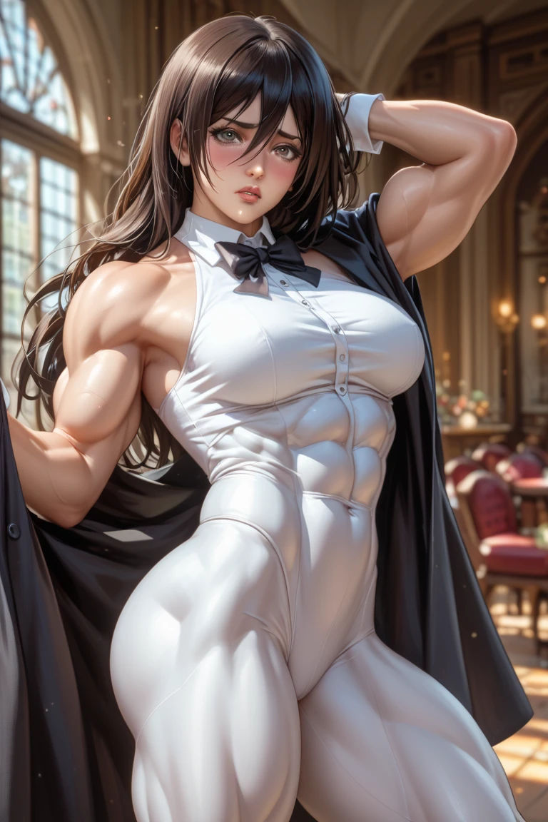 (BEST lighting) , (ultra intricately detailed) , 4K unification, (super-detailed CG: 1.2) , (8K: 1.2),(Original), (Masterpiece) , (Best quality),(Masterpiece:1.4),Anime-ish high quality,(Masterpiece),Masterpiece, Super clear picture quality,Clearer than movies,(Fine face)Best quality, absurderes,((masterpeace, 4K, 8K, Yes, A high resolution))1girll, schoolgirls,ssmile,She was inside Sky City,Black school uniform,white bowties,Bow knot,Ten strong abs,Perfect body proportions,standing on your feet,Exposing the abdomen, White costume,There are bulges of dense veins on the arms,Spring, Sports boots, Perfect figure, Long anxious dark blue hair, Dynamic pose,Legs exposed,Strong leg muscles ((body builder:1.5)),Classroom(Beautiful bace),(Girl),(Female),(((Upper body:1)))