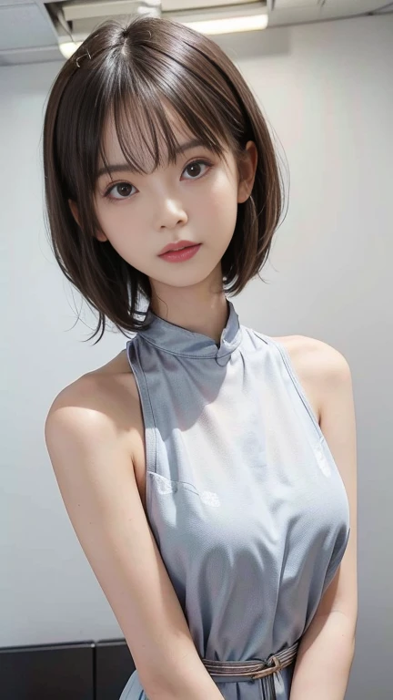 8K quality、High resolution、Realistic skin texture、High resolutionの瞳、woman、A summer dress with a cross shoulder and open chest、Princess Hair、thin、リアルなwoman??、Small breasts、Realistic tongue、Gray Hair、thin脚、Sweating profusely、Sweat accumulates in the chest、、Slender model figure、Bold Pose