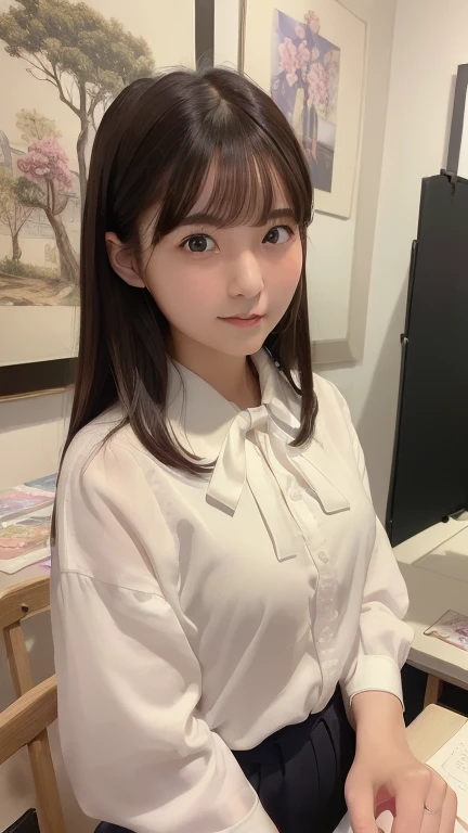 (A loose-fitting floral print dress(white:1.2), Tight micro mini skirt(lavender color:1.2)), ((highest quality, 16k, Super detailed、Ultra-high resolution、From head to thighs: 1.3, RAW Photos)), Sharp focus: 1.2, (1. AESPA Girl :1.1), (alone: 1.1), (Realistic, Realistic: 1.37), (Face Focus: 1.1), beautiful girl、Anatomically correct proportions、Cute face, Super detailedな顔, Long, messy hair, Updo,High Ponytail、Wide open chest、Small breasts、Flat Chest、A slight swelling、Voluptuous thighs、(Natural Makeup:1.1)、office、sitting on a chair、Operating a computer、