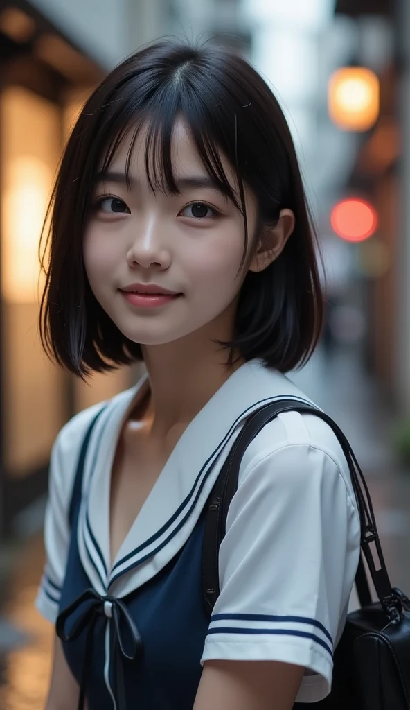 Realistic glowing skin, (sweating:1.4),Stand backwards,Look back at your face,Always look at the camera, (When the uniform gets wet with sweat, it becomes transparent..:1.4),(sweating:1.2),(Nipples:1.8),
Classic black and white sailor uniform,Summer clothes,Cold look,Cold Stare,Black Hair,short hair,Tie your hair short,Silky translucent white skin,best Realistic depiction,(Very detailed美しい顔), Great face and eyes, (Highest quality:1.4), (Very detailedな), (Very detailed CG 統合 8k 壁紙), Very detailed, High resolution raw color photos, Professional photography, Realistic portrait,
(Detailed RAW photos of the girl's whole body), Canon EOS R5 250mm, Sharp focus, Cinema Lighting, (No makeup:1.2), Fine skin, Delicate collarbone,Fine texture of the sailor uniform,Very Realistic sailor uniform texture,(Ultra-high resolution:1.6), (Realistic:1.6),