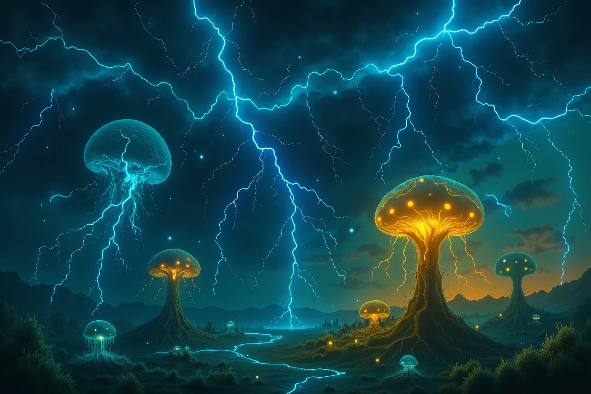 (masterpiece:1.2),(Highest quality),(Super detailed),(Ultra-high resolution),(Best illustrations),8k,A hyper-detailed alien world filled with electrified lifeforms and glowing terrain, lightning-charged clouds crackling across a colorful sky, strange alien creatures with transparent skin and visible electric pulses inside, bioluminescent plants pulsing with energy, glowing atmospheric particles, electrical arcs connecting ground to sky, cinematic lighting, ultra-realistic textures, high dynamic range colors (HDR), concept art, masterpiece, trending on ArtStation