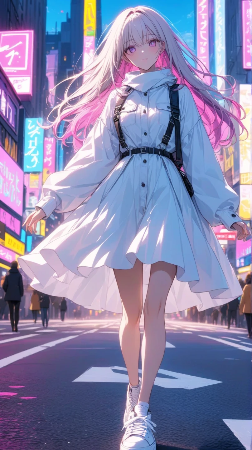 heartwarming image of a on fire as she runs through the dark, stormy streets of a city. Her white outfit is belted with vibrant colors and her long, flowing hair, adorned with sparkles, trails behind her. The vibrant colors of the cityscape contrast beautifully with the delicate, golden light coming from the girl's face. The vibrant colors of the city contrast beautifully with the dramatic, surreal lighting creating an awe-inspiring atmosphere. standard lens, high ISO, f/4 aperture --auto --s2