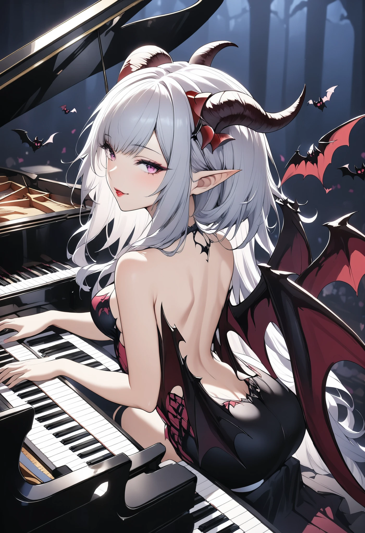 Devil's Female Pianist、goat horn on head 、It's a succubus with bat wings on its back 、Play a grand piano