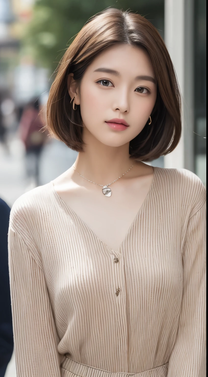 (Best quality, High resolution, Masterpiece :1.3), A tall and pretty woman, Slender abs, Dark brown hair styled in loose waves, Breasts, Wearing pendant, White button up shirt, Belt, Black skirt, (Modern architecture in background), Details exquisitely rendered in the face and skin texture, Detailed eyes, Double eyelid