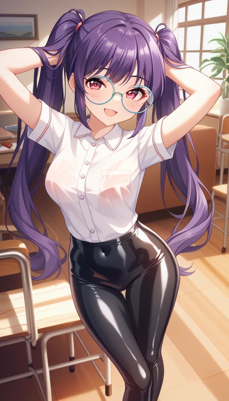 masterpiece, best quality, 1girl, solo, TwilightHuman, ponytail, purple eyes, glasses, pale skin, small breasts, naked body, nude, completely nude, cowgirl position, straddling, 1boy, 1girl, sex, penis, seductive smile, indoors, locker room, detailed hands, five fingers, female genitals