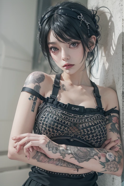 Perfect Style, Beautiful Face, Highly detailed face and skin texture, (Maximum resolution: 1.2), 1 female, alone, Hip Up, jewelry, (((She has many tattoos all over her body)), Streetwear, I'Exercising at the gym, Pink Hair, Shorts, Sports boots, (((Tight waist))), ((Big Breasts))