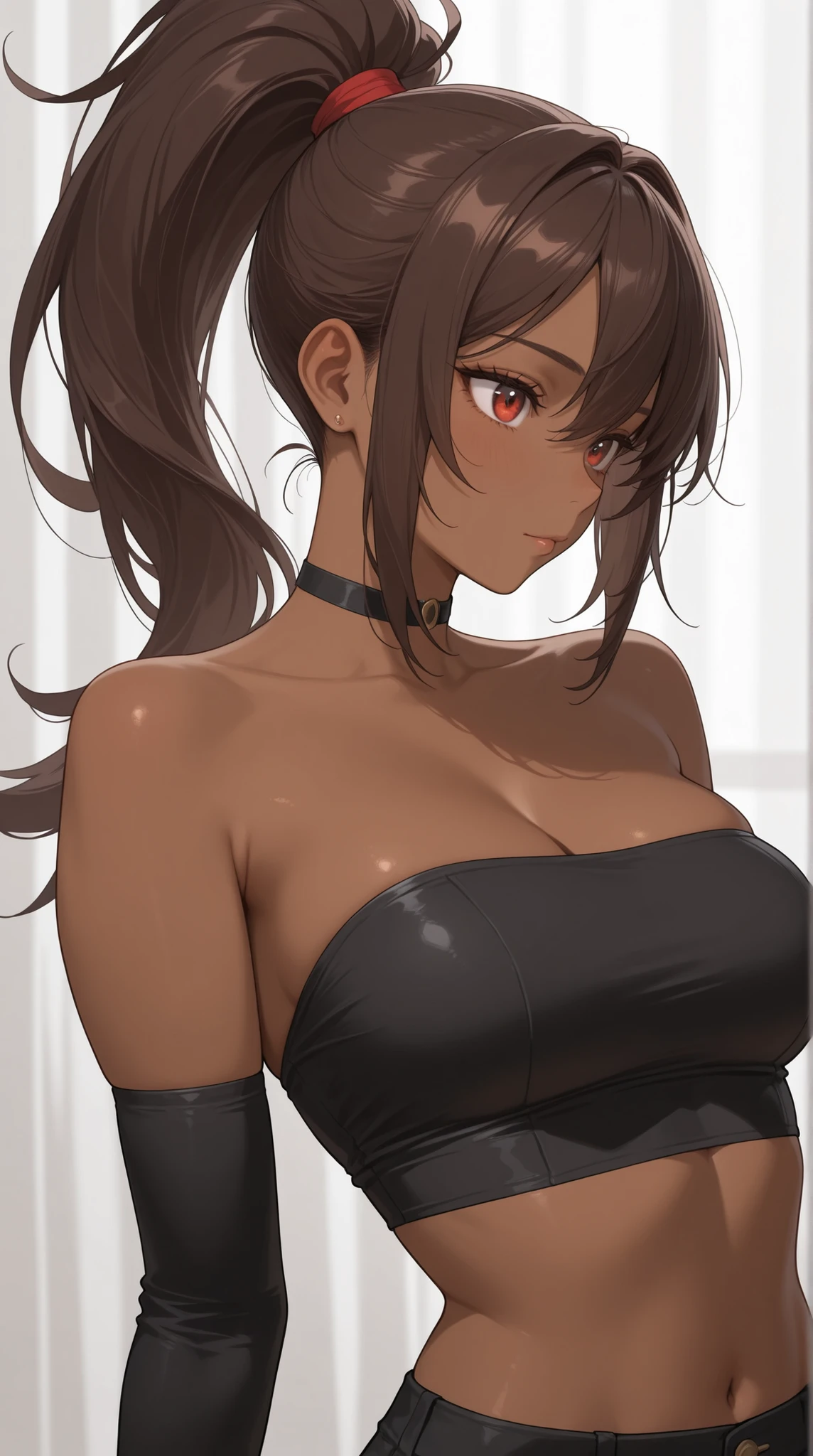 ((((Ultra-detailed,masterpiece,Highest quality)))),NSFW,(Audience Chamber:1.3),(((Blonde side ponytail long hair,Pointy Ears:1.1))),(Red Eye:0.6),(((Dark Skin,Oily skin:1.5))),(Huge breasts:1.2),(model:1.1),(Moderate),(Tattoo),(Collar with chain),(Natural Makeup),(Shiny clothes,Shiny body),(Ecstasy:1.3),((Five Fingers)),(((See-through bunny girl:1.5))), (Shiny clothes:0.8),(Tattoo:1.1),(vapor:1.1),(Detailed fingers),Cowboy Shot, (smile:0.5), (blush:0.9),((Perfect Fingers)),