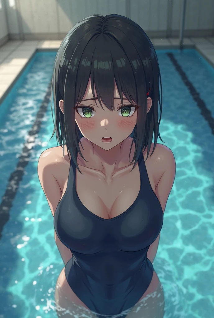 (masterpiece, 最high quality, 超High resolution, Very detailed), (Realistic:1.1, photoRealistic:1.4), Perfect illustration, Perfect lighting,Hair in perfect detail, Perfect and detailed face, Perfect collarbone, Perfect body,Juicy breasts, Perfect Thighs, Beautiful feet, View your viewers, 1 Girl,Perfect Face, (Perfect Anatomy, Anatomically correct), Symmetrical face、((Shiny Hair)),Sexy Body、(masterpiece),(最high quality:1.3),8k,Very clear,(Ultra-realistic),,Captivating woman,(high quality, High resolution, Fine details), Realisticなスタイルの女性,Juicy breasts、One perfect woman、Perfect Face、Symmetrical face、Baby Face、((Large Breasts))、blush、((Juicy lips))、Cowboy Shot、((Short black hair、Thin bangs))、((Large, double-set black eyes、Long eyelashes))、(((School Swimsuit)))、((Red makeup))、((張り付いたSchool Swimsuit))、((Stunning curvaceous))、(Outdoor、Poolside)