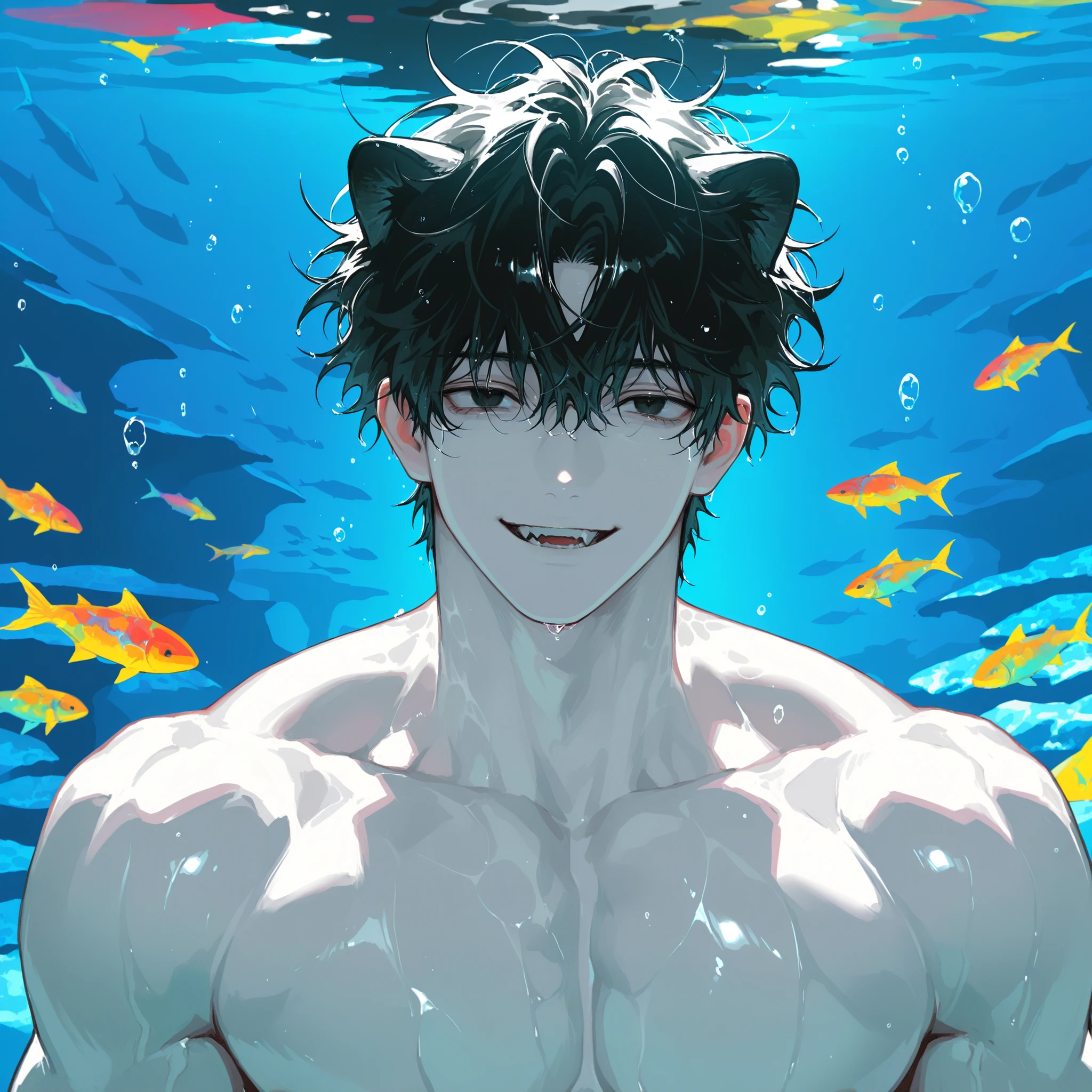 dark tanned skin，Handsome boy, Cat ears and tail, Shining eyes, (((Messy green short hair))), Very detailed portrait. The focus should be on his extremely detailed face,，muscular,Abdominal muscles，Chest muscles，Topless，surf