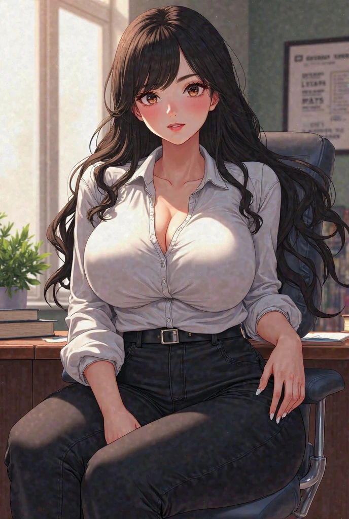 Beautiful Wife，Mature face，Tighten the body，Clothing details，White shirt，Blue Jeans，Black long hair，Black bow，Black belt，Fair skin，Brown eyes，arrogant，full，Sitting on the sofa，Naughty face is cool,  Fine fabric accents,  Sexy, Tempting