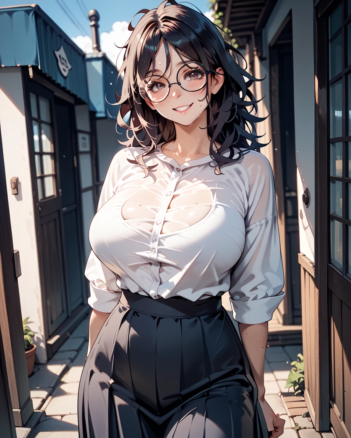 (masterpiece、top-quality、intricate detailes、The ultra-detailliert、ultra-quality、hight resolution、Best Shadows、The best lighting、4K)Kasen Tosu、Colossal tits、详细的脸:1、Brown-eyed、The eye、细致背景、Warm lighting、colourfull、Take a walk around the city、Mole on the face、サキュバスのコスプレ、ハロウィンのコスプレ、Big glasses、Plain clothes、