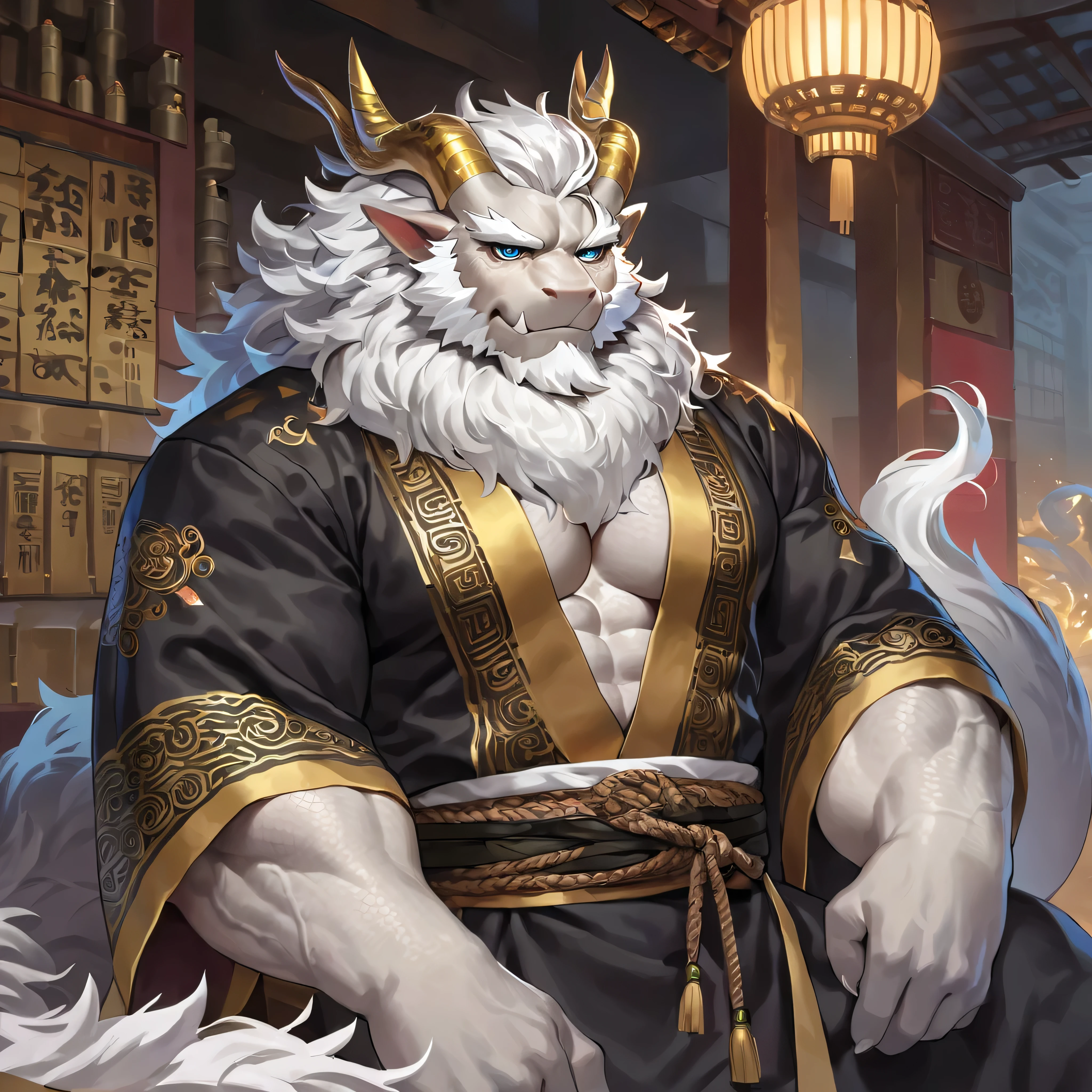 (artist: jacketbear, lindong, null-ghost, dangpa) 1male, sfw, eastern dragon, , bara, (indoors),lamp lighting, one fluffy tail, old man, fluffy mane, , grey body, white hair, detailed background, dark shadows, solo, scales, detailed scales, golden decals, open black and gold kimono, branch horns, sharp short ears, yellow iris, white sclera, big eyes, white beard, white mustache, sharp iris, thick thighs, muscular legs, veiny, fluffy hair, detailed face:2.0, one tail, masterpiece:2.0, sharp fang, perfect eyes, smug, chest fluff