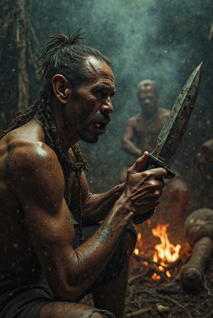 a group of primitive humans, one holding a knife, cutting meat from a dead dinosaur. Tilt shift photography. , detailed anatomy, detailed clothing, intricate details, highly detailed, award winning, masterpiece, 8k, photorealistic, dramatic lighting, moody atmosphere, earthy tones, gritty texture, rugged, realistic, cinematic.
