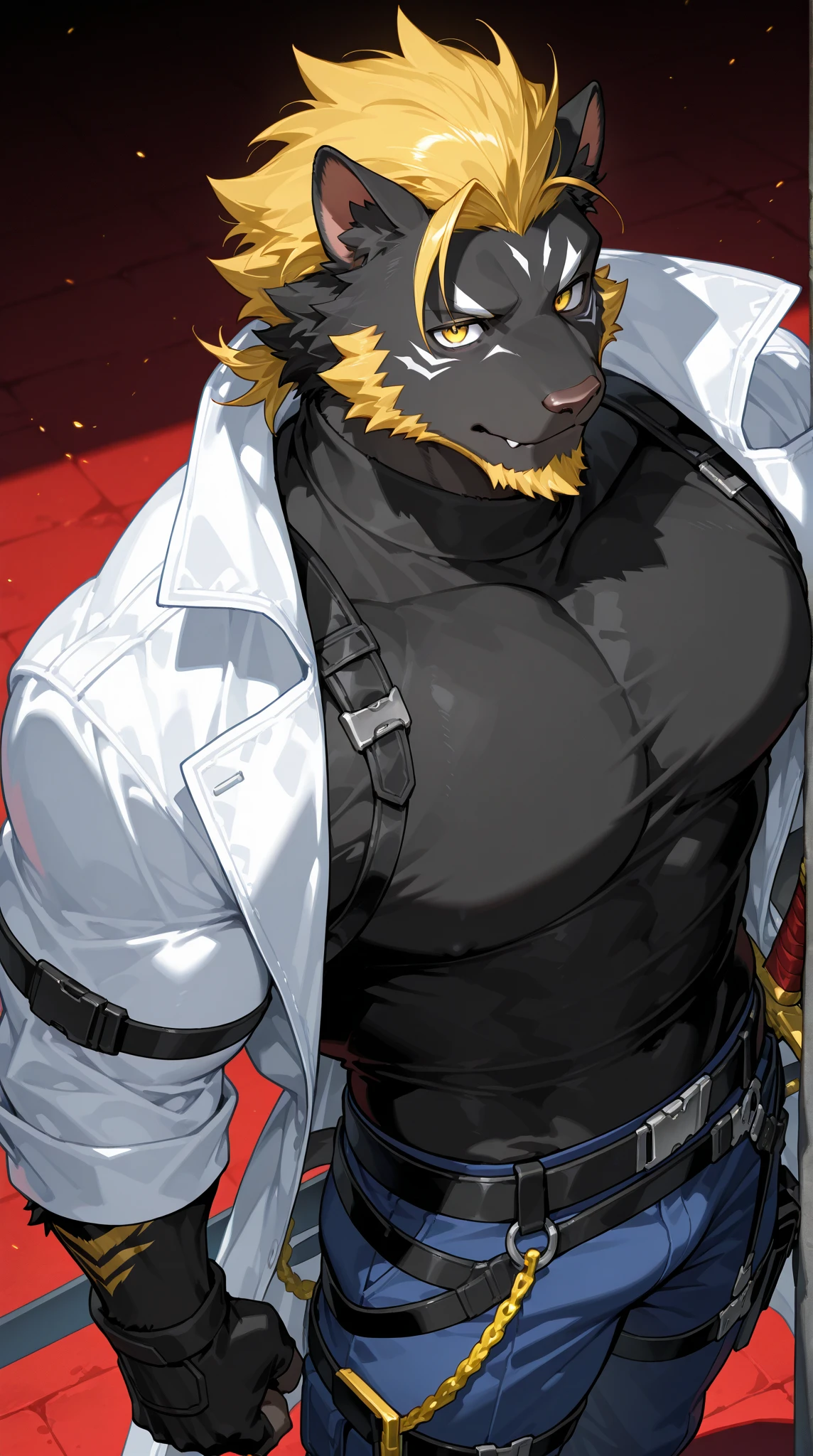 A bartender who is a muscular and well-defined anthropomorphic furry male dragon, with brown fur with light dark scales and green eyes, dressed in a long sleeve with white buttons and a tight-fitting black bartender's vest, dark cargo pants and wears a ring.