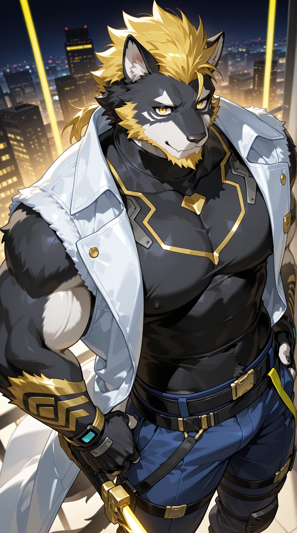 score_9,score8アップ,score7アップ,score6アップ、night、neon、neon街、solo、雄 Beast Man、furry、fur、Kemono Beast、 Beast Man、kemono、best quality,newest,masterpiece,high resolution、Reduce the area of a large upper body 、fine biceps、thick lower body、 black fur、Black body hair、Golden Hair、gold hair、yellow eyes、All Back、middle hair、golden round beard、Cybertech、cyberpunk、neonライトが輝くTechwear、Techwear、Long Coat、turtleneck、oversized tech pants、lots of belts、Lots of harnesses、Rush towards here、long牙、muscles,perfect anatomy, smooth,,solo、firm eyes、long2Sword of the book、hold a sword、High angle view