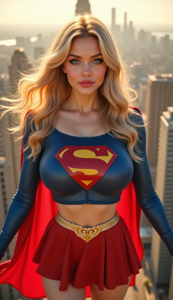 masterpiece, best quality, 1girl, supergirl,long hair,blonde hair,bodysuit,breasts,cape,belt,medium breasts,superhero,gloves,lips,black bodysuit,belt buckle, curvy, toned, large breasts, ((cleavage)), narrow waist, ((midriff visible)), short red skirt,  realistic, 3d, sunset in sky, cityscape, gotham city background