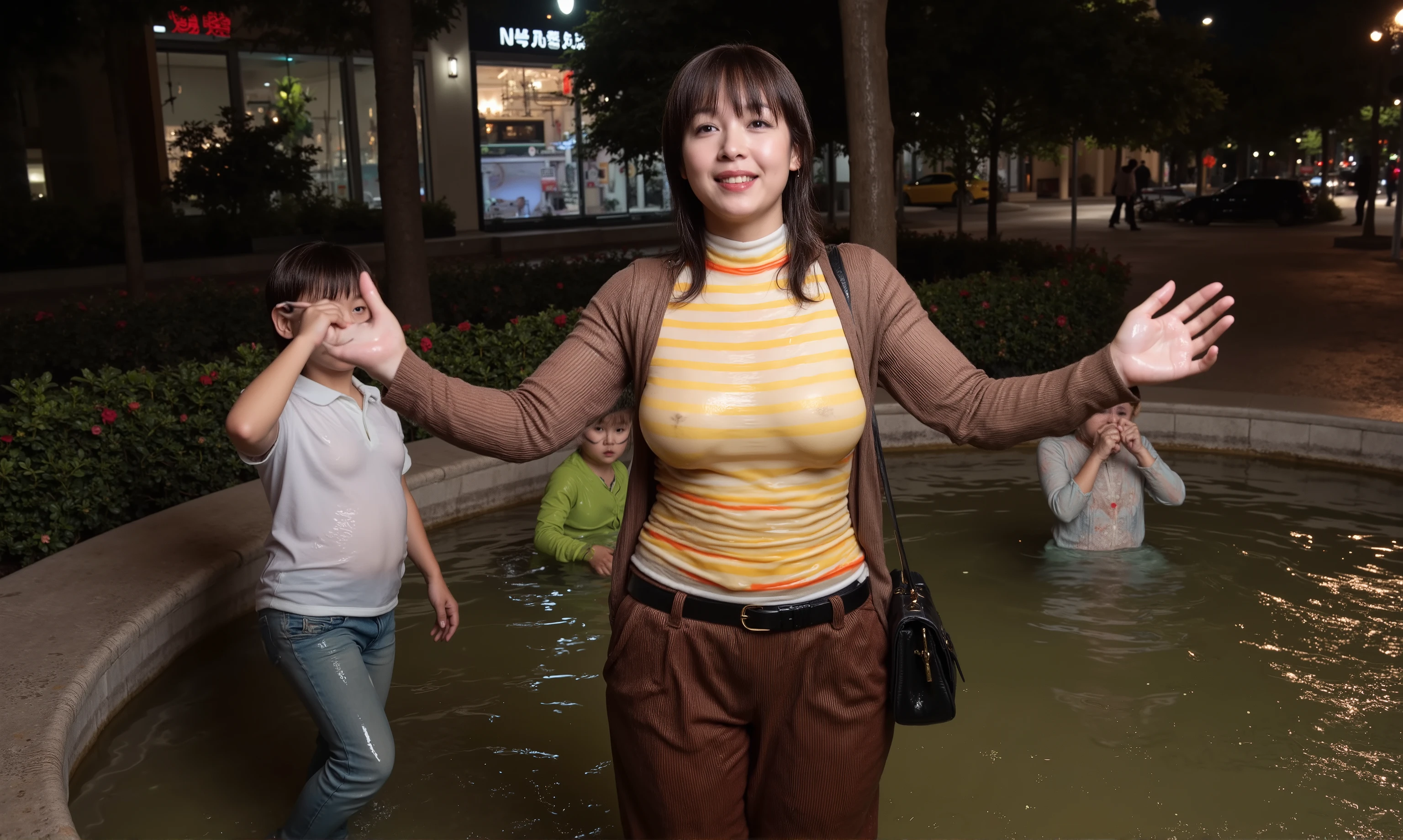 close-up Professional photographic shot of a buxom older Japanese lady wearing detailed soaking wet clothes. She has massive breast and looks ver japanese, black wet hair and is soaking wet in a shiny thin yellow orange and white horizontal thin-striped shape-wear turtleneck open dark brown cardigan, black belt, black handbag and a long tight brown corduroy trousers. she is playing in a city fountain with her three Japanese sons on a dark cold night.