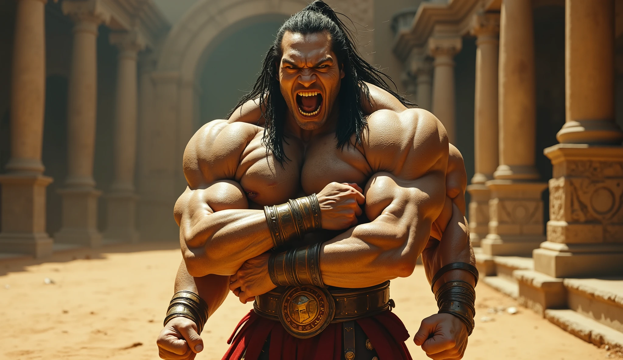 ancient stoic warrior, for a YouTube thumbnail,illustration,dynamic pose,serious expression,detailed armor,muscular physique,battle scars,weathered texture,high-quality rendering,heroic lighting,powerful stance,colossal strength,vivid colors,realistic battle scene,attention-grabbing composition,epic storytelling,emotive atmosphere,action-packed,high-res image,fierce determination,warrior's spirit