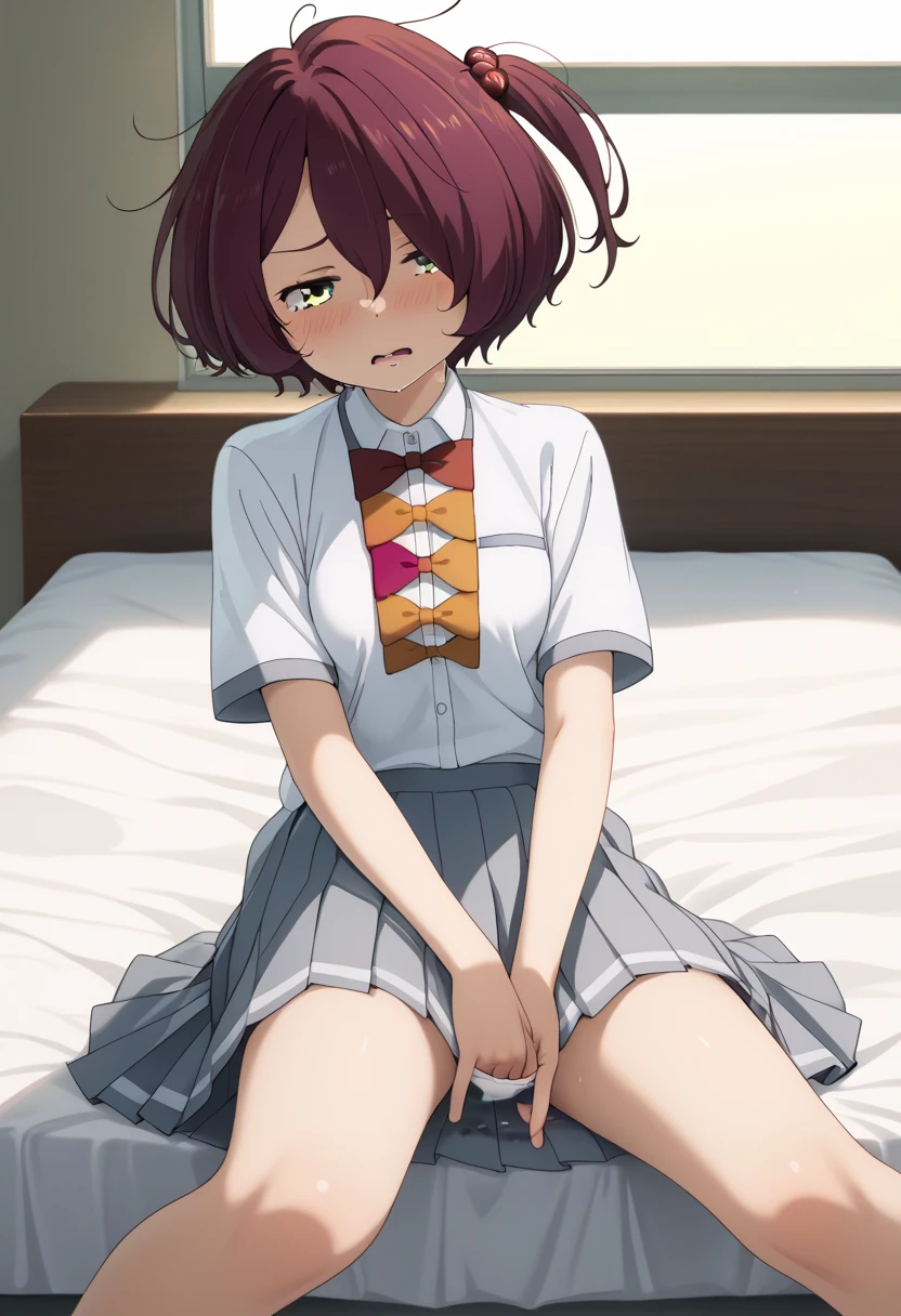 anime girl in a purple bra top sitting on a bed, an anime drawing by Jin Homura, pixiv, shin hanga, seductive anime girl, attractive anime girl, smooth anime cg art, anime best girl, cute anime girl, anime moe artstyle, anime visual of a cute girl, oppai, beautiful alluring anime , pretty anime girl, (Raw photography:1.2)、(Photorealsitic:1.4)、(masterpiece:1.3)、(top-quality:1.4)、超A high resolution、(A detailed eye)、(detailed facial features)、(detailed clothes features)、nffsw、8K分辨率、solofocus、bangss、skin tightening、(shinny skin)、(Slender girl)
(Extreme Detail)、dim room、Ruins、
Virtual Girl - Aim、Medium-breasted wavy hair、Shorthair、A dark-haired、Black eye、
1girl in,
Crystal Pendant、String Panty Brapua、
Tie with a rope、embarrassed from、cute little、I'm about to cry、hang、Adult Models、raise one leg high、hang、Smaller chest、big butts、