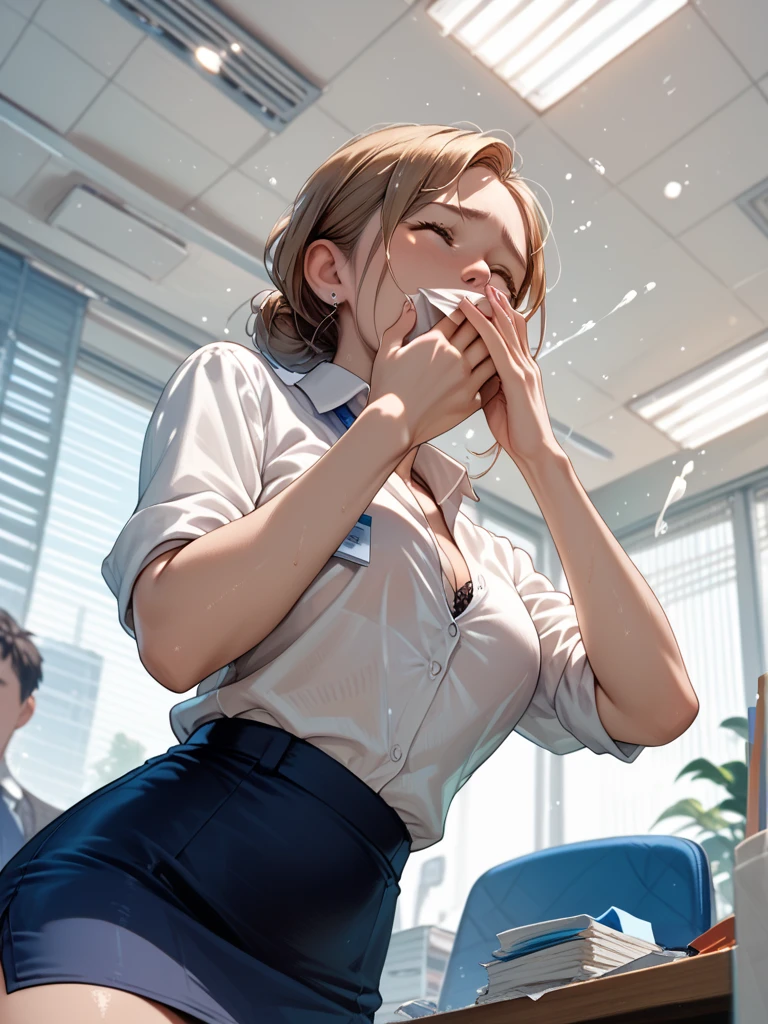 masterpiece, best quality, highres, HDR, 8k, a very beautiful japanese girl sucking penis at office, sitting chair,black hair, white shirt,mini skirt,bangs, man's lower body, fullbody,(cowboy shot:1.2),(from side:1.1),(facial:1.8),(cum on face:1.8),