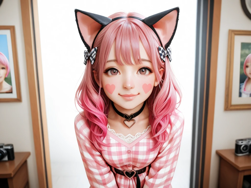 1girl, egirlmakeup, black crop top, short sleeves, cat ears, pink hair, bangs, freckles, sitting on bed, looking at viewer, grin