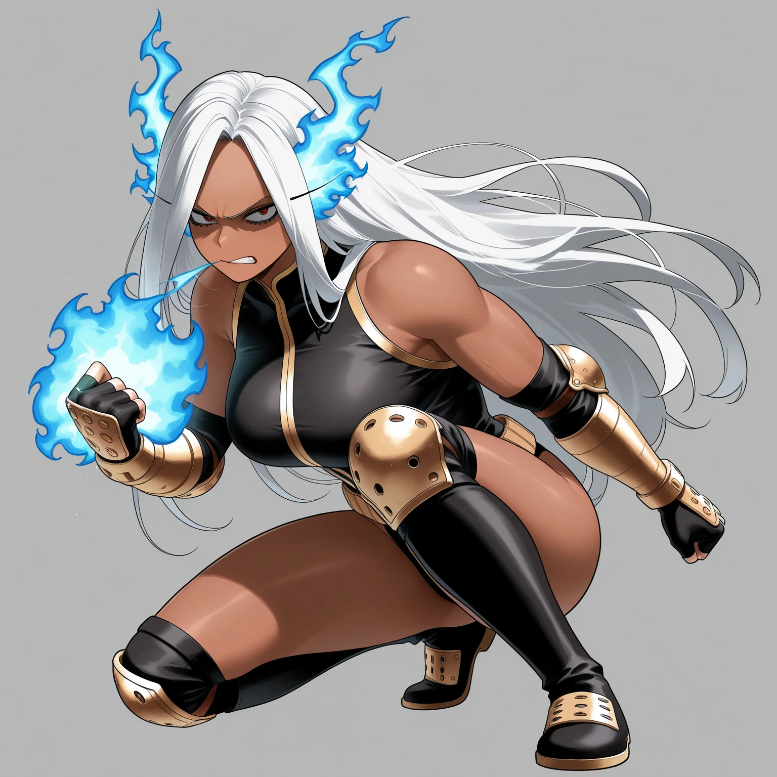 Yoruichi Shihouin, Shunko Raiju Senkei, highres 1girl bare_shoulders black_footwear black_leotard boots breasts dark-skinned_ female dark_skin electricity electrokinesis from_below groin highleg highleg_leotard large_breasts leotard long_hair looking_at_viewer looking_down parted_bangs ponytail purple_hair simple_background solo squatting straight_hair thigh_boots