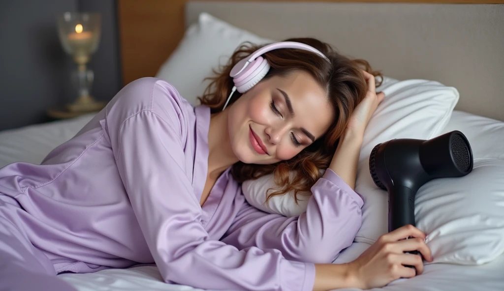 A girl listening to music in her bed