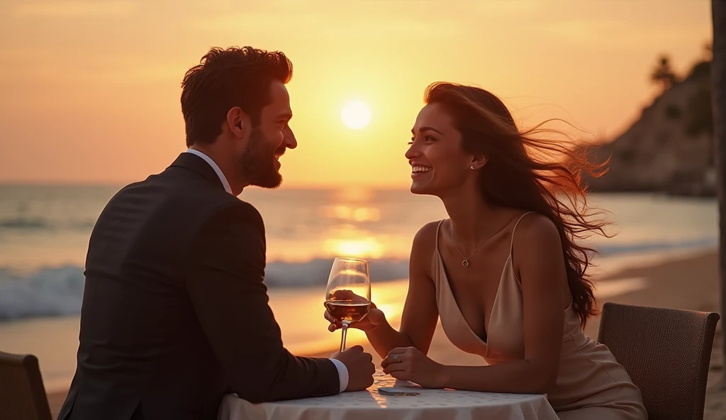 A photo of a happy and friendly Brazilian couple in their 40s, dressed in casual and relaxed clothing, enjoying a glass of wine together at sunset in Mykonos, Greece. They are seated at an outdoor table with a stunning view of the Aegean Sea, surrounded by the iconic whitewashed buildings of the island. The warm, golden hues of the sunset bathe the scene in a soft light, and the couple's smiles reflect their joy and contentment. The atmosphere is relaxed and romantic, capturing the beauty of a perfect evening in Mykonos.