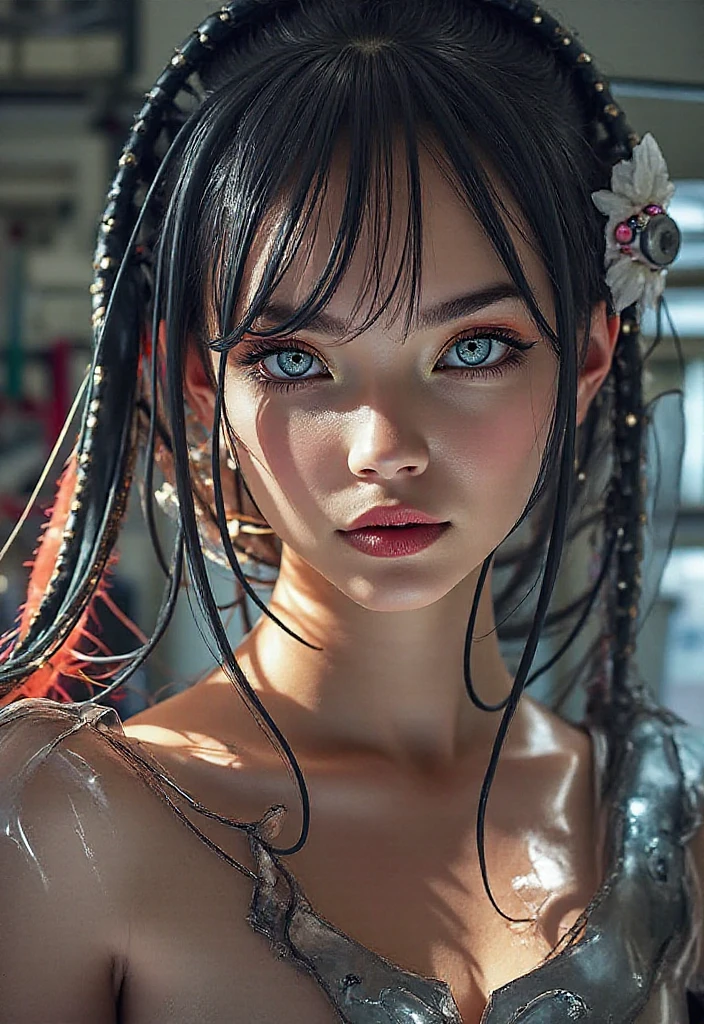 (masterpiece, best quality), deep ebony 1girl, beautiful face, Kimberly_jackson, freely ponytail, confused, upper body,, bright blue eyes, facing viewer, triboob_cleavage
