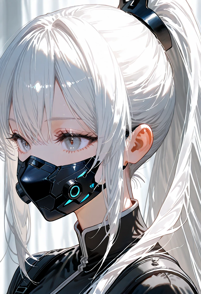 ak-12 \(girls' frontline\), artificial eye, bangs, french braid, glowing eyes, grey hair, long hair, mask, (mouth mask:1.1), mechanical eye, purple eyes, solo, (face focus:1.2), (close-up:1.2)