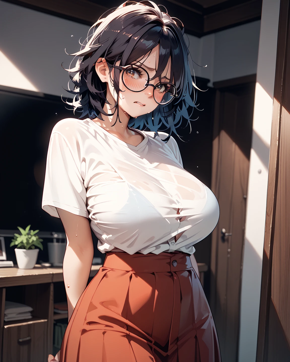 1girl, zenno rob roy \(umamusume\), umamusume, Glasses, Highest quality, Super detailed, masterpiece, Ultra-high resolution, 8K, Embarrassing, blush, Lovely, Close one eye, With tears in her eyes and her mouth open, drooling, (arms behind head), wariza, (off-shoulder white shirt, micro mini skirt), cleavage out, crop top navel, medium breasts, Absolute area, Waistline, (Shower room, I take a shower)