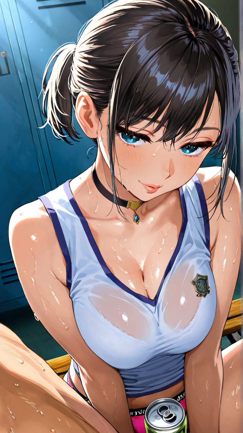 woman,25 years old,brown hair,tennis uniform,short hair,blue eyes,Mansuji, ,,I can see my underwear,Full body Esbian, (close shot, highest quality, High resolution, 4k, detailed lighting, shader, NSFW), embarrassed look ( blush:1.2)sit on top,spread your legs wide,(((large amount of white liquid)))(wet with water)