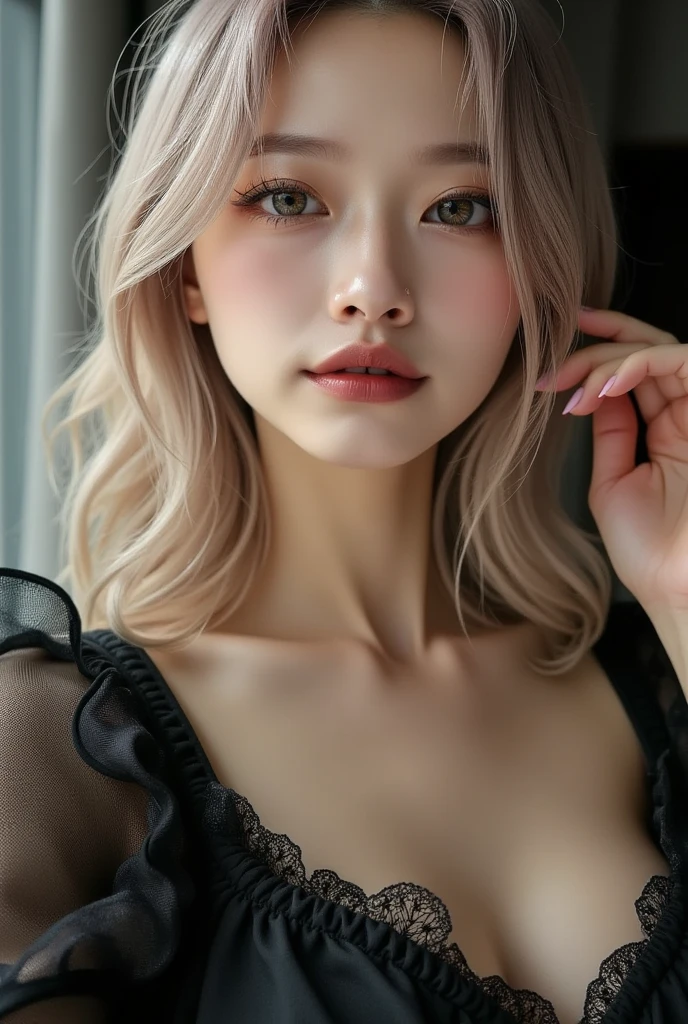 ((best qualtiy, 8K, tmasterpiece:1.3)), Focus:1.2, perfect figure beautiful woman:1.4, Cocked buttocks:1.2, ((Cut hair in layers, flatchest:1.2)), (wetclothes:1.1) , (rain, street:1.3), Conservative bandeau dress:1.1, Highly detailed facial and skin texture, 詳細な目, 二重まぶた,Whiten skin,long whitr hair,