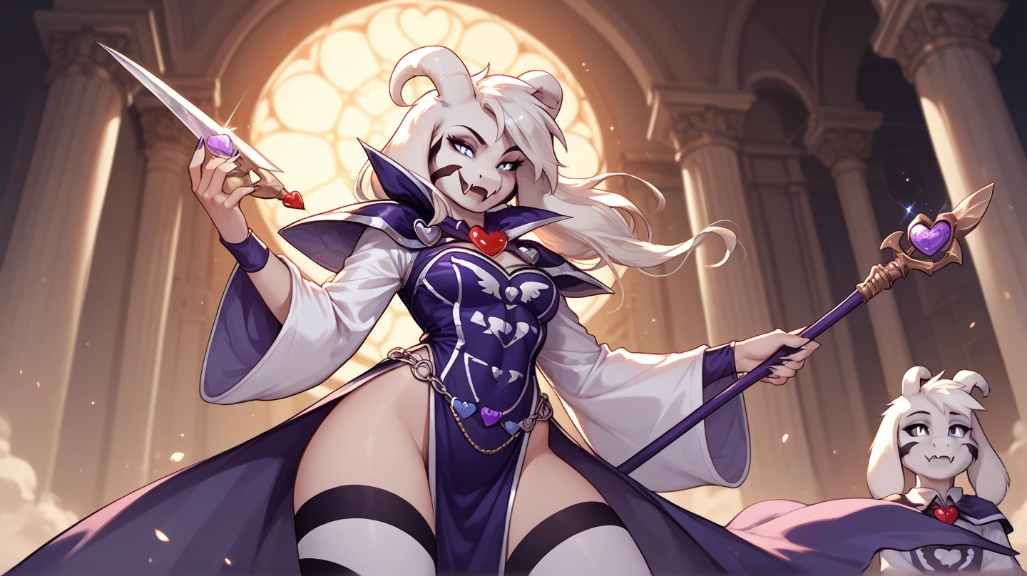  masterpiece, best quality, Super detailed,horn，Long hair devil boy，cute，Long hair，Blue-purple skin，Pointed ears，Elf ears，Blue Skin，浅Blue Skin，Fantasy style，Dress，Royal robe，Red Cape，Lace trimmed clothes，Smile，An expression of contempt，crown，Crown，Standing posture，Arrogance，Laughing，Madness，Hold the staff in your hand，Hold the staff in your hand，Holding a scepter，A look of contempt，An arrogant look，Fleshy lower abdomen，Close-up shot from waist up，Close-up of upper body，Crotch bulge，Bulge between the thighs，Full body close-up，Looking at the camera