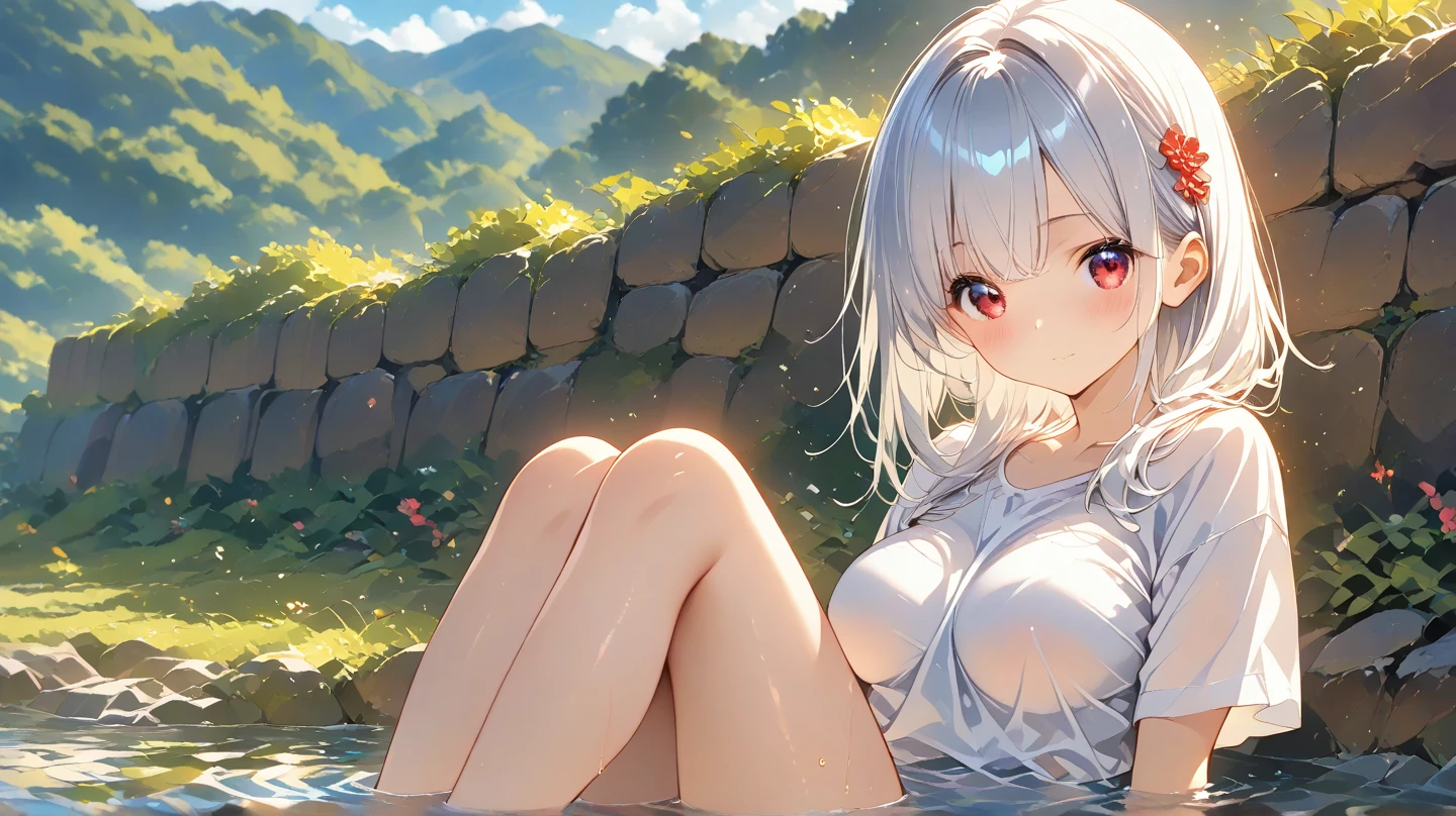 shenhe_\(genshin_impact\), hiten kei style, claude monet, oil painting, masterpiece, hyper realistic, realistic skin, best quality, 1girl, lakeside, huge breasts, huge nipples, erect nipples, looking at another, topless, full body, vector illustration, nipples, light smile, blunt bangs, long hair, stomach, navel, bare shoulders, white hair, braided, wet, soaked, raining, sarong, loincloth, black pantyhose, red tassel, magnolia leaves, autumn, sky, hands up, arched back, stretching, open mouth, bored, waterfalls, cliffs, falling leaves, resting, holding a spear, wet body