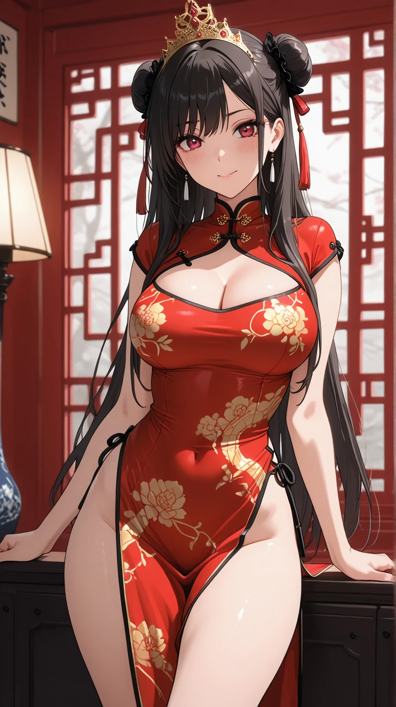 top-quality、hight resolution、super precision、​masterpiece、８K、nsfw、(1人の女性)、(((extra detailed face)))、8 head body、
 (Composition looking up from a low position)、(Collapse on the bed)、Wide legs open、Open legs with knees upright、The crotch is visible、Watching the viewer、
(hotels room）、（Modern Japan）、Colorful、Fine skin、large full breasts、Deep slit、 ((Tying hair))、(hair adornments)、Beautie、a smile、Feels、red blush、agitation、Sweat on the face、Sweat on the body、plump eyes、Eyes sparkle、Wet eyes、 (((scarlet cheongsam)))、(mini chinese dress))、off shoulders、thighs thighs thighs thighs、、(Hide your fingertips)、Refers to 5、
