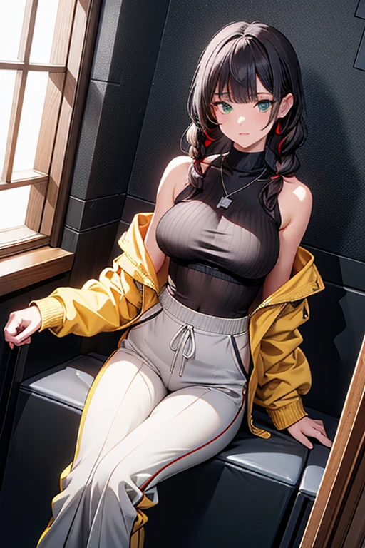 master piece , best quality , girl , brown hair, bobbed hair, golden eyes, slender body, Yellow sports bra, black short pants, brown skin, fishnet stockings , short boots, Black oversized jacket, sexy pose, sit,