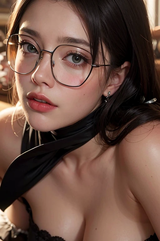 ((Highest quality))、Lying on your back、Big Breasts、Glasses、Short Hair、naked